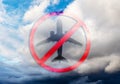 No-fly sign on the background of the sky with clouds. Collage Royalty Free Stock Photo