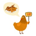 No food with chicken fries and roasted vector illustration prohibition sign. Cartoon chicken with placard saying no