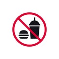 No food or drink prohibited sign, forbidden modern round sticker, vector illustration