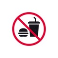 No food or drink prohibited sign, forbidden modern round sticker, vector illustration