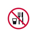 No food or drink prohibited sign, forbidden modern round sticker, vector illustration