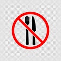 No food or stop eating icon in black and red. Fork and knife. Forbidden symbol simple on isolated background. EPS 10 vector