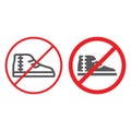 No footwear line and glyph icon, prohibited and forbidden, no shoes sign, vector graphics, a linear pattern on a white