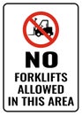 No forklifts allowed in area sign. Symbols safety for shipping declarations, traffic, transport, personnel, and businesses