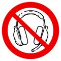 No headphone icon. Forbidden gamephone icon. Prohibited gaming line sign design. Line concept art with izolated back