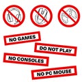 No games set icon. Forbidden gamepad icon. Prohibited gaming icon set, line sign design. Do not play games. Stickers. Line concept