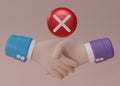 No handshake icon with red forbidden sign, avoiding physical contact and corona virus infection. Badly deal concept of big trouble