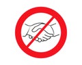 No handshake icon with red forbidden sign, avoiding physical contact and coronavirus infection. Forbidden handshake symbol concept