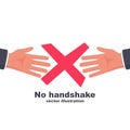 No handshake, red cross sign of prohibition. Flat icon no deal. Infection on hands.