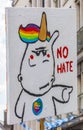 The `No hate` sign with a unicorn at the Gay Pride parade also known as Christopher Street Day CSD in Munich, Germany Royalty Free Stock Photo