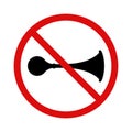 No horn road sign isolated on white background. Crossed out signal horn icon, prohibition of harsh sounds. Ban honking