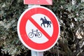 No horsing no bike road sign No cycling no horse riding signpost