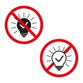 No ideas vector. Red prohibition sign. Light bulb with check mark. Simple warning icons. Royalty Free Stock Photo