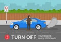 `No idling, turn engine off` road or traffic sign. Idle-free zone scene. Pollution and smoke from the exhaust of car.