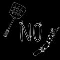 No. Letter with wings on a black background. Prohibition lettering about nasty flies overhead. Fly paper or tape and swatter.