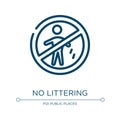 No littering icon. Linear vector illustration from swimming pool rules collection. Outline no littering icon vector. Thin line