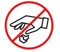 No littering sign Hand gesture red black. Don t drop waste sign. Keep clean. Vector pictogram on white background