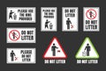 Do not litter signs set, keep clean icons