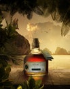 bottle of rum on sunset background.