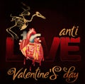 No Love, Anti Valentines day card, raven skeleton and heart with blood . vector Royalty Free Stock Photo