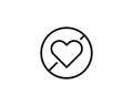 No love sign. Vector illustration of red crossed out circular prohibited sign with heart icon inside. Lack of love