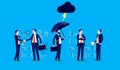 No luck in business - Unlucky businessman standing under umbrella with bad weather in office