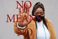 No means no. African american woman, wear black face mask show stop hand sign