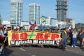 `No More AFP`. Chilean people in a massive protest at Puerto Montt. Protesters with chilean flag