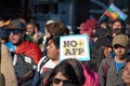 `No More AFP`. Chilean people in a massive protest at Puerto Montt. Protesters with chilean flag