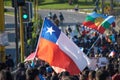 `No More AFP`. Chilean people in a massive protest at Puerto Montt. Protesters with chilean flag