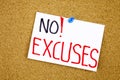 No more excuses A motivational handwriting on a sticky note against a cork notice