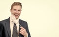 No more face covering. Happy businessman take off mask. Stop mandating mask wearing, copy space Royalty Free Stock Photo