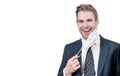 No more face covering. Happy businessman take off mask. Stop mandating mask wearing, copy space Royalty Free Stock Photo