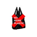 No more plastic. Vector illustration of black plastic bag silhouette with red cross and No More Plastic caption isolated