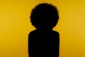 No name, anonymous hiding face in shadow, human identity. Silhouette portrait of curly hair person standing calm alone in darkness