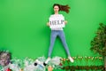 No nature no future. High angle flat lay photo angry citizen activist lady hold placard support plastic products against