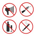 No Noise, Gun, Alcohol, Smoke Sign and Symbol. Set prohibited ic