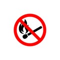 No open fire burning symbol. Black matchstick with flame in red crossed circle. Forbidden sign with burning matchstick. Royalty Free Stock Photo