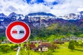 Overtaking prohibited sign mountain road St Gallen canton Switzerland Royalty Free Stock Photo
