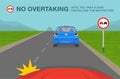 No overtaking or do not pass road or traffic sign meaning. Driving a car.