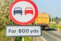 No Overtaking 800 yards Zone sign on UK motorway with lorry on background Royalty Free Stock Photo