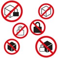 No package lock symbols set. Vector unlocked box signs. Prohibited security padlock icons.