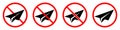 No paper plane sign. Paper plane is forbidden. Set of red prohibited signs of plane