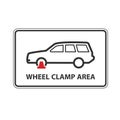 No parking, wheel clamping zone warning sign, car with clamped wheel