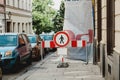 No passing on the street sign. Construction work. Prohibit people from passing warning sign. No pedestrian traffic sign
