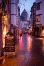 No pedestrians tourists visitors on the holiday winter decorated street for