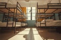 No people inside hostel bedroom with clean white bunk beds for students and tourists Royalty Free Stock Photo