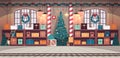 no people santa claus factory with gifts and decorated christmas tree new year winter holidays celebration concept