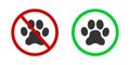 No pets and pets allowed icons. Animals ban and friendly zone labels. Prohibited and permission signs with paw print