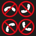 No phone signs set. Communication prohibition symbols. Silent zone icons. Vector illustration. EPS 10. Royalty Free Stock Photo